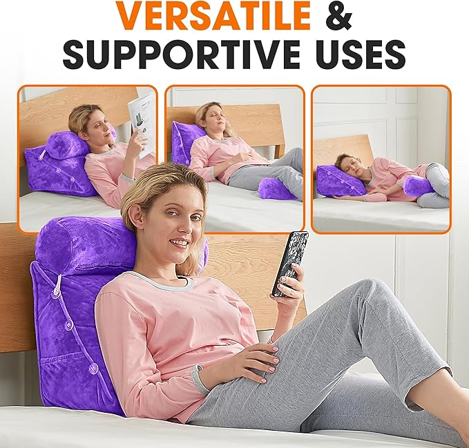 Cheer Collection Reading Wedge Pillow – TV Pillow with Adjustable Bolster Pillow, Memory Foam Back Support for Couch & Bed, Pillow Chair for Bed, Reading Pillows for Adults & Kids, Purple