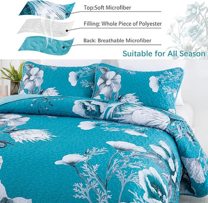 Floral Quilt Set King 3 Pieces Teal Blue Floral Quilt Coverlet Set Soft Microfiber Lightweight Teal Blue Quilted Bedspread for All Season 104"x90"