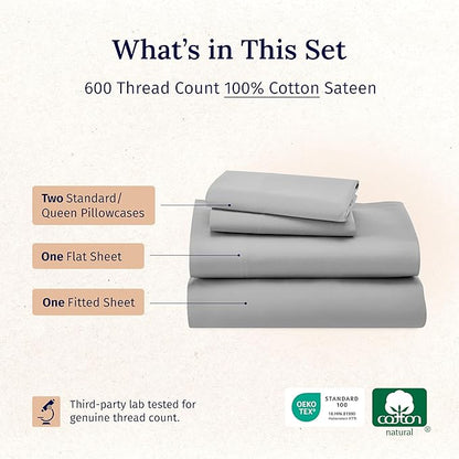 California Design Den Queen Size Sheet Set - Luxury 600 Thread Count Sateen, 100% Cotton Sheets, Deep Pockets with All Around Elastic for a Snug Fit, Hotel Quality Bedding Set - Light Grey