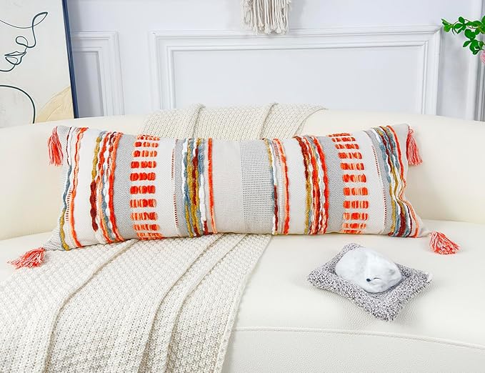 Chenille and Cotton Long Pillow for Bed, Striped Textured Boho Lumbar Throw Pillow Cover 12x36, Neutral Accent Decorative Extra Long Body Pillow Case for Couch, Sofa, Bedroom, Red