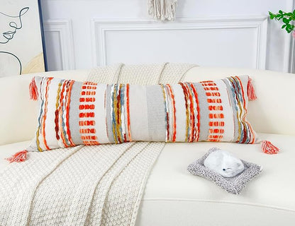 Chenille and Cotton Long Pillow for Bed, Striped Textured Boho Lumbar Throw Pillow Cover 16x36, Neutral Accent Decorative Extra Long Body Pillow Case for Couch, Sofa, Bedroom, Red