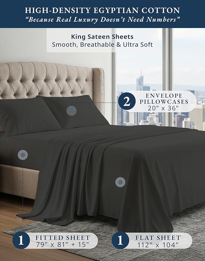 100% Egyptian Cotton Bed Sheets King Size – Silky Sateen Weave for Warm Winter Comfort, 15" Deep Pocket King Sheets, Naturally Breathable, Ultra-Soft Durable Hotel-Quality Luxury Bedding - Black