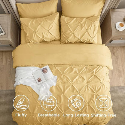 Bedsure California King Comforter Set Yellow - Bed in a Bag Cal King Bedding Set 7 Pieces, GentleSoft™ Pintuck Bed Set Gift for Family, Pinch Pleat Yellow Comforter with Sheets, Pillowcases & Shams