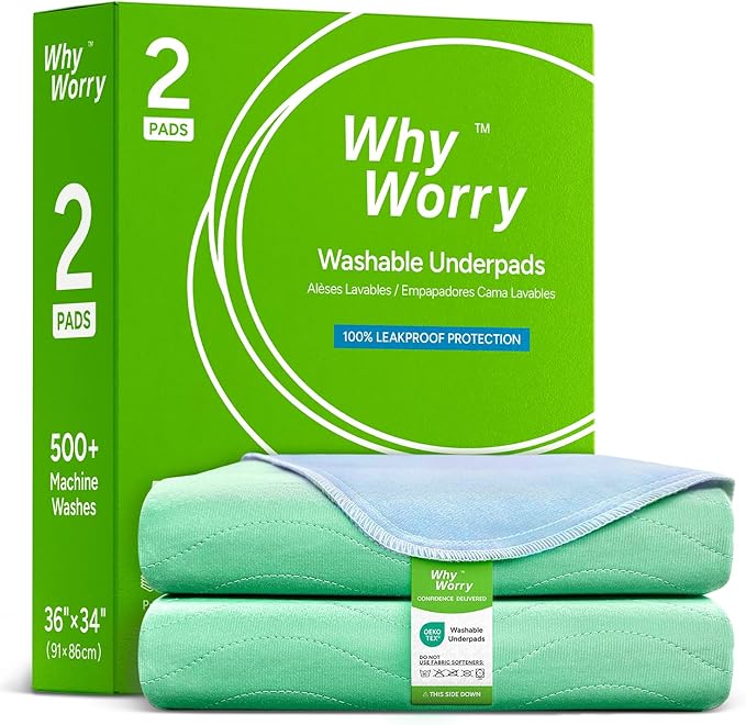 WhyWorry Washable Bed Pads for Adult Incontinence, 34" x 36" (Pack of 2) Washable Pee Pads for Bed Wetting, Heavy Absorbency Reusable Underpads for Elderly & Kids, Waterproof Mattress Protector, Green