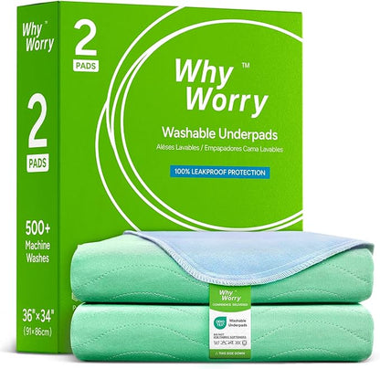 WhyWorry Washable Bed Pads for Adult Incontinence, 34" x 36" (Pack of 2) Washable Pee Pads for Bed Wetting, Heavy Absorbency Reusable Underpads for Elderly & Kids, Waterproof Mattress Protector, Green