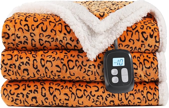 Electric Heated Blanket Full Size 72x84 - Leopard Print Flannel Soft Heating Blanket with 10 Heat Levels & Auto Shut Off, Machine Washable Warm Throw for Bed Couch, Black Yellow