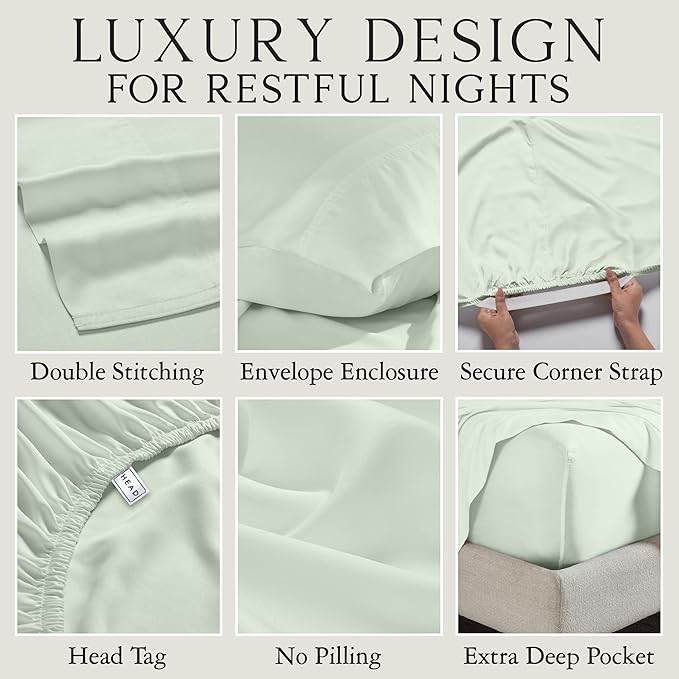 KARISSA MAE Cooling Bamboo Viscose King Size Sheet Set | 100% Organically Grown | 18” Deep Pocket | Silky, Soft, & Hypoallergenic | with Organizer Band & Elastic Corner Straps [Sea Glass]