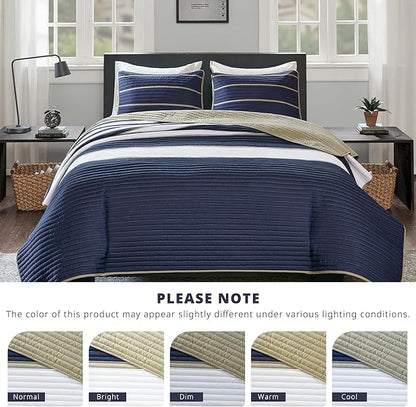 Comfort Spaces Quilt Set Trendy Casual Fun, Vibrant Color Design, Hypoallergenic All Season, Lightweight Coverlet Bedspread Cozy Kids Bedding & Sham Twin/Twin XL Verone White Blue Stripe 2 Piece