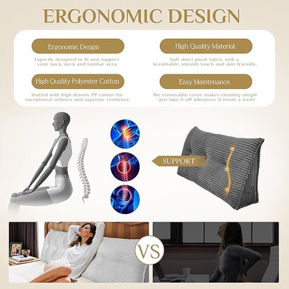 Headboard Wedge Pillow, Large Triangular Reading Pillow for Bed, Backrest Support Bolster for Sitting Up, Long Bed Rest Pillow with Removable Cover
