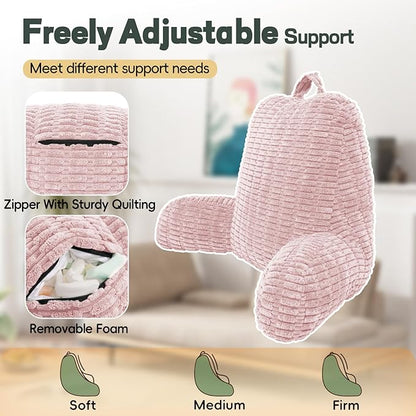 21" Higher Large Reading Pillow for Bed Adult, Back Pillow for Bed Sitting Up with Memory Foam Back Support with Arms Rest for Couch Chair Pink