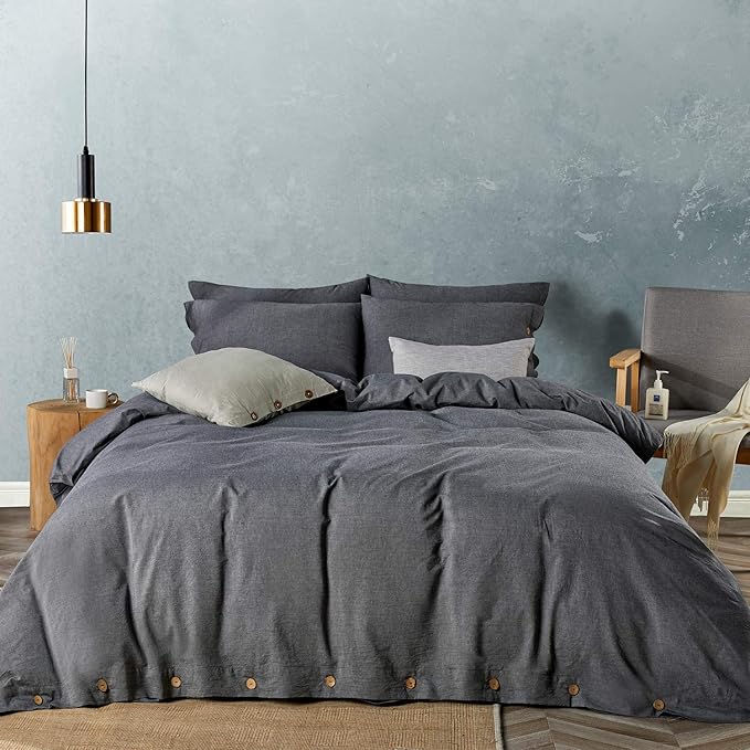 JELLYMONI Cotton Duvet Cover Queen Size - Black Comforter Cover with Button 100% Washed Cotton 3PCS Breathable Soft Solid Bedding Set Duvet Cover 90×90in & 2 Pillowcases (NO Comforter)