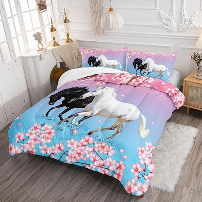 Kid Horse Comforter Set Full Floral Animal Theme Handsome Horse Chic Cherry Blossom Bedding Set 3D Wild Animal Decor Quilt Set for Girls Adult, 1 Comforter + 2 Pillowcases