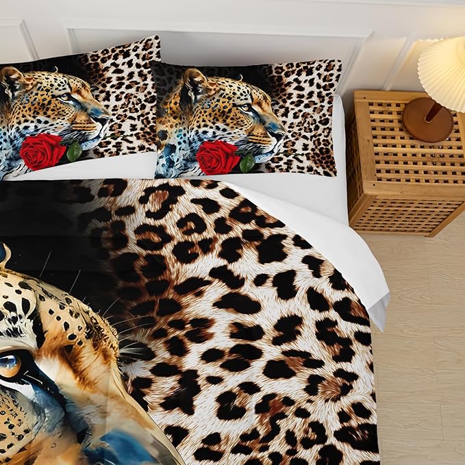 Red Rose and Leopard Comforter Set Queen for Boys,Brown Wild Animal Theme Bedding Set,3D Cheetah Quilt Set,Flowers Leopard Print Comforter Safari Animals Bed Set Bedroom Decor