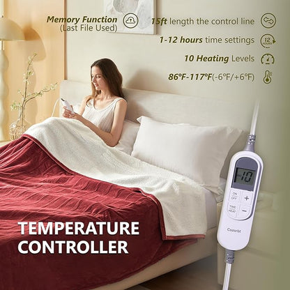 Heat Blanket 62”x84” Twin Size,Soft Flannel & Sherpa Reversible Electric Blanket with 10 Heat Settings,12 Timer Setting and 8 Hours Auto-Shut Off,ETL Certified Machine Washable,Red