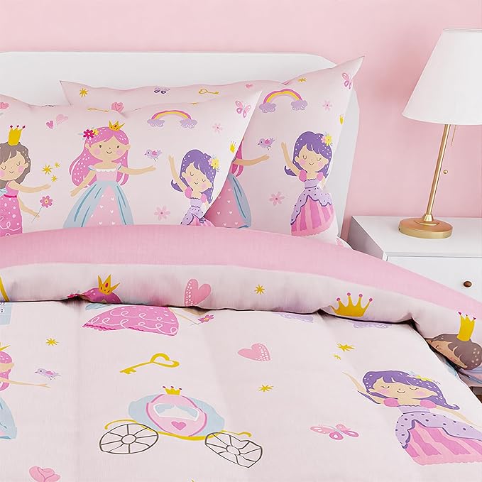 SANDJEST Princess Comforter Set Full Size 98x86in for Kids Girls, Microfiber Bedding Set 4 Pcs Includes 1 Comforter, 2 Pillowcases, 1 Fitted Sheet, Nursery Room Decor Christmas Birthday