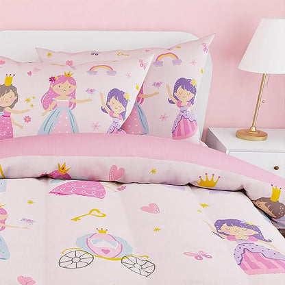 SANDJEST Princess Comforter Set Full Size 98x86in for Kids Girls, Microfiber Bedding Set 4 Pcs Includes 1 Comforter, 2 Pillowcases, 1 Fitted Sheet, Nursery Room Decor Christmas Birthday
