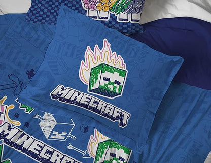 Jay Franco Kids Comforter Set Includes Sheets and Pillow Covers - Soft and Cozy Bed Set for Stylish Room Decor, Blue - Minecraft 02, 5 Piece Twin Bedding