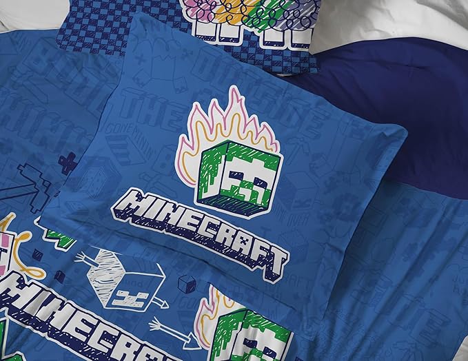 Jay Franco Kids Comforter Set Includes Sheets and Pillow Covers - Soft and Cozy Bed Set for Stylish Room Decor, Blue - Minecraft 02, 7 Piece Queen Bedding