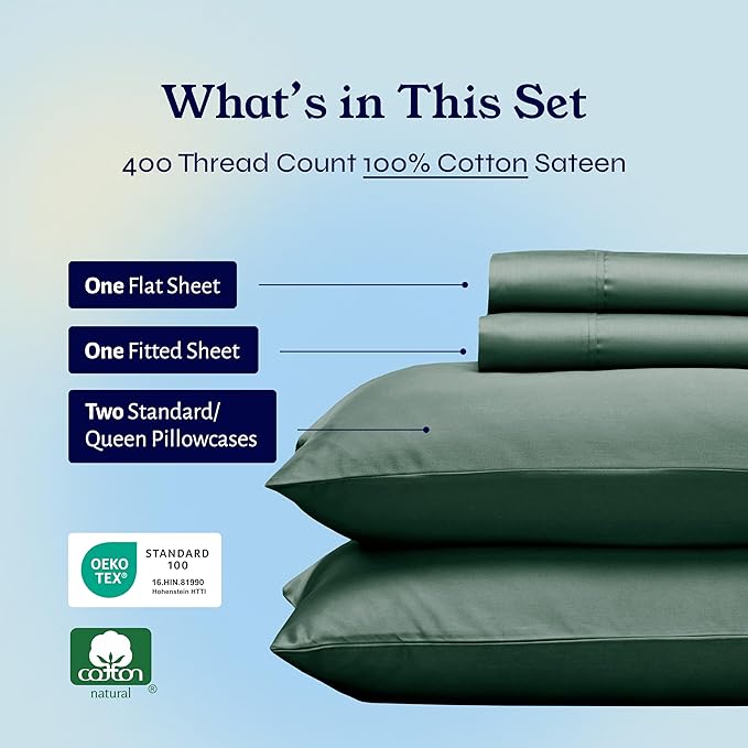 California Design Den Natural 100% Cotton Sheets, Soft Queen Sheet Set, 400 Thread Count Sateen, Deep Pockets with All-Around Elastic for a Snug Fit, Durable Bedding Set - Hunter Green