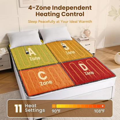 Bearhug Multi-Zone Electric Heated Mattress Pad Queen Size, Dual Control Bed Warmer with Memory & 11 Heat Level, 1-9H Auto Off, Individual Body &Feet Settings, Deep Pocket ETL Certified, Machine Wash