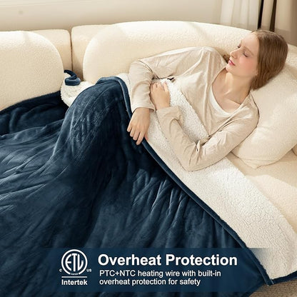 Heating Blanket Full Size - 72" x 84" Flannel Sherpa Heated Blanket with Fast Heating, 6 Heating Levels, 1-10 Hours Timer Settings, Overheat Protection, Washable Electric Blanket, Navy