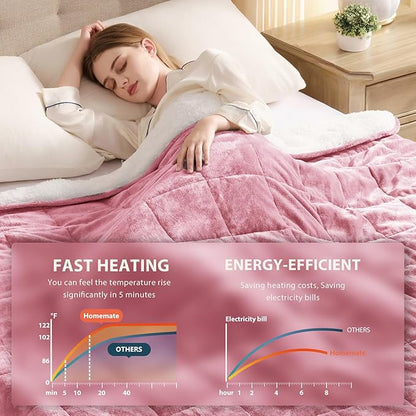 Homemate Heated Weighted Blanket for Adults - 62"x84" 20lbs Electric Throw Fast Heating Heavy Blanket 1/2/4/6/8 Hour Auto Off 10 Heat Levels Over-Heat Protection Soft Flannel Sherpa