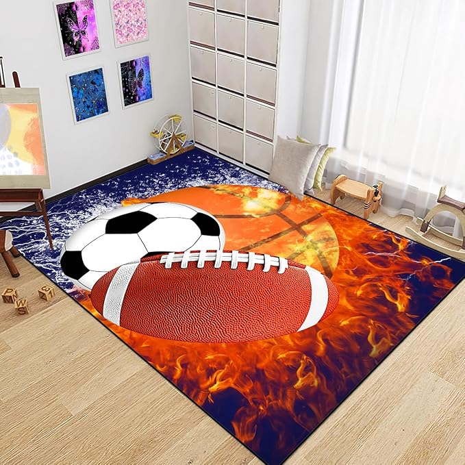 Sports Rugs for Boys Bedroom - Football & Soccer, Baseball,Basketball Rug for Boys Bedroom Sports Themed Water Flame Design Kids Carpet for Playroom Living Room Floor Mats, 4x5 Feet