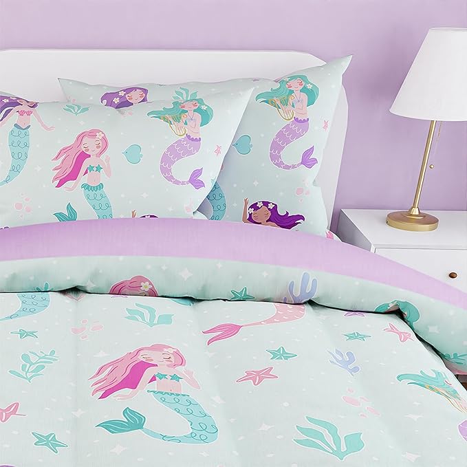 SANDJEST Mermaid Comforter Set Full Size 98x86in for Kids Girls, Microfiber 4 Pcs Bedding Set Includes 1 Comforter, 2 Pillowcases, 1 Fitted Sheet, Nursery Room Decor