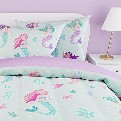 SANDJEST Mermaid Comforter Set Full Size 98x86in for Kids Girls, Microfiber 4 Pcs Bedding Set Includes 1 Comforter, 2 Pillowcases, 1 Fitted Sheet, Nursery Room Decor