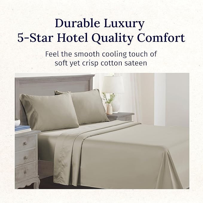 California Design Den Luxury King Size Sheet Set - 100% Cotton, 600 Thread Count Deep Pocket King Sheets, Hotel-Quality Bedding with Sateen Weave (Cool Taupe)