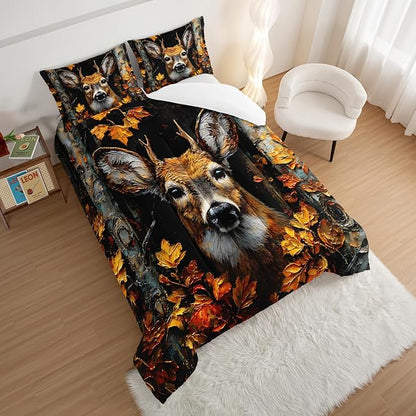 HOSIMA Deer King Size Comforter Set,Brown Deer in Forest Print Animal Bedding for Teens Boys Room Decor,Maple Leaves Pattern Hunting Themed Fluffy Wildlife Bedding Sets with 2 Pillowcases.