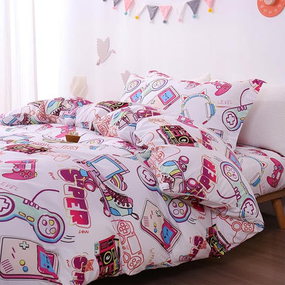 JSD Pink Gamer Kids Duvet Cover Set Full Size, 3 Piece Soft Printed Microfiber Comforter Cover with Pillow Sham Zipper Closure, Comforter Not Included