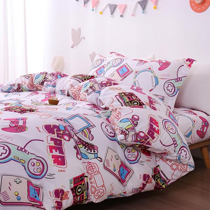 JSD Pink Gamer Kids Duvet Cover Set Queen Size, 3 Piece Teens Printed Microfiber Comforter Cover with Pillow Sham Zipper Closure, Comforter Not Included