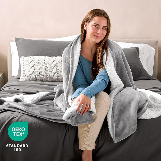 Bare Home Sherpa Fleece Blanket - Full/Queen Size - Blanket for Bed, Sofa, and Couch - Warm & Lightweight - Fluffy & Soft - Reversible (Full/Queen, Light Grey)