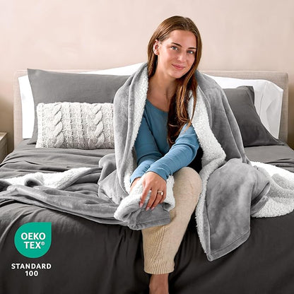 Bare Home Sherpa Fleece Blanket - Full/Queen Size - Blanket for Bed, Sofa, and Couch - Warm & Lightweight - Fluffy & Soft - Reversible (Full/Queen, Light Grey)