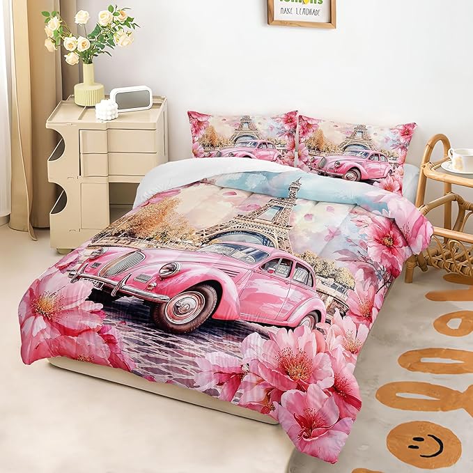 France Paris Eiffel Tower Comforter 3Pcs Queen Pink Car Peach Blossom Bedding Set for Kid Teen Girl Boy Adult Aesthetic Cherry Flowers Floral Quilt Bed Decor with 1 Comforter and 2 Pillowcases