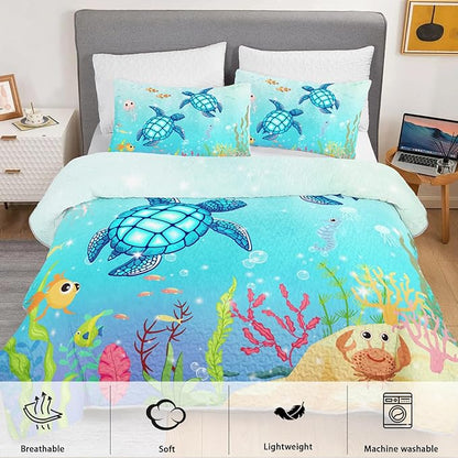 Coastal Turtle Quilts Bedding Set Queen Size 3Pcs Ocean Watercolor Sea Turtle Quilt Bed Set Beach Nautical Sea Animal Reptile Bedspreads Coverlet with 2 Pillowcases for All Season Kids Room Decor