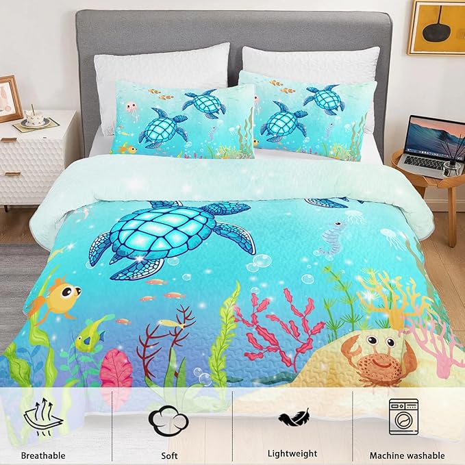 Coastal Turtle Quilts Bedding Set Twin Size 3Pcs Ocean Watercolor Sea Turtle Quilt Bed Set Beach Nautical Sea Animal Reptile Bedspreads Coverlet with 2 Pillowcases for All Season Kids Room Decor