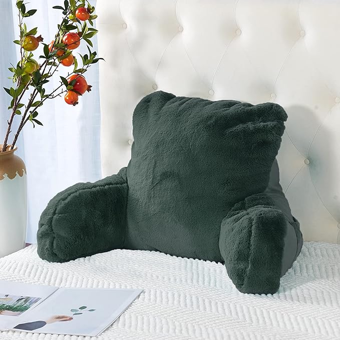 Plush Faux Fur Backrest Reading Bed Rest Pillow with Arms and Pockets for Sitting in Bed Couch Sofa, Back Support Wedge Cushion with Removable Cover, 20" x 18" x 17", Dark Gray