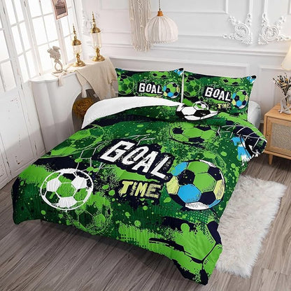 Soccer Comforter Set Sport Themed Green Printed Bedding Set with 1 Comforter and 2 Pillowcases for Boys and Girls Bedroom All Season(Soccer Full)