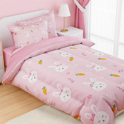 SANDJEST Rabbit Comforter Set Full Size 98x86in for Kids Girls, Microfiber 4 Pcs Bedding Set Includes 1 Comforter, 2 Pillowcases, 1 Fitted Sheet, Nursery Room Decor