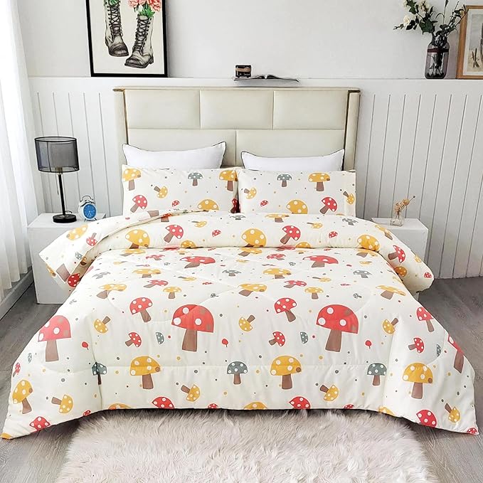 SDIII 3PCS Cute Mushroom Comforter Set Full, Soft Microfiber Lightweight Mushroom Bedding Full, Cottagecore Comforter for Boys Girls Kids and Teens