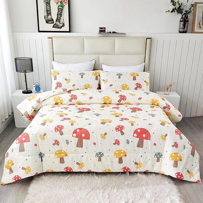 SDIII 3PCS Cute Mushroom Comforter Set Full, Soft Microfiber Lightweight Mushroom Bedding Full, Cottagecore Comforter for Boys Girls Kids and Teens