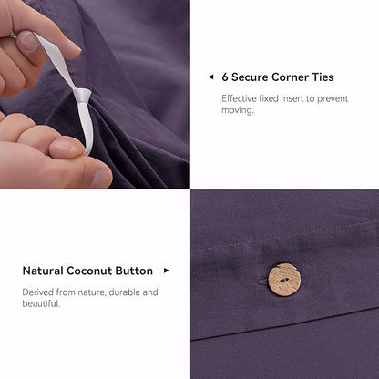 JELLYMONI Cotton Duvet Cover King Size - Purple Comforter Cover with Button 100% Washed Cotton 3PCS Breathable Soft Solid Bedding Set Duvet Cover 104×90in & 2 Pillowcases (NO Comforter)