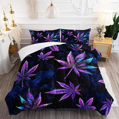 Marijuana Leaf Themed Comforter 3Pcs Full Tie Dye Weed Leaves Herb Botanical Bedding Set for Kid Teen Girl Boy Adult Room Decor Fog Cannabis Leaves Quilt with 1 Comforter and 2 Pillowcases
