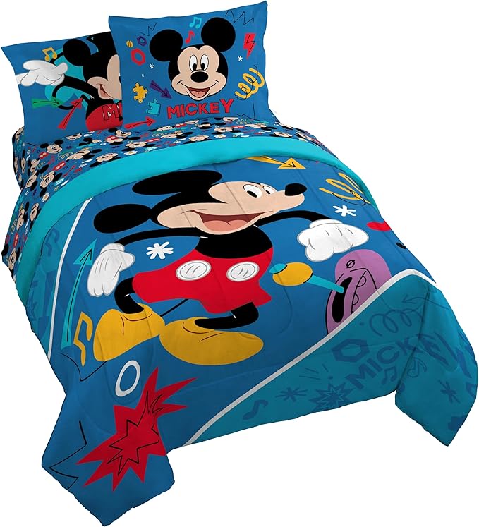 Jay Franco Kids Comforter Set Includes Sheets and Pillow Covers - Soft and Cozy Bed Set for Stylish Room Decor, Blue - Mickey Mouse, 7 Queen Piece Bedding