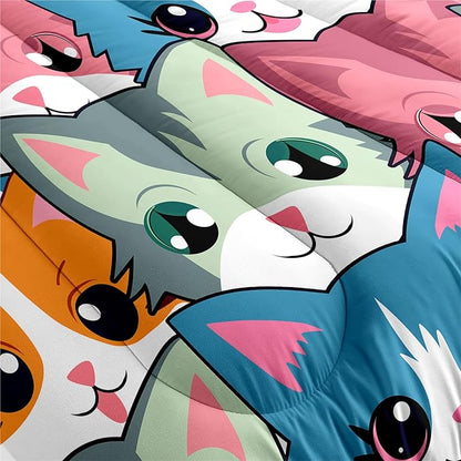 Cat Comforter Set for Girls - Balck Neon Cartoon Cats Bedding Set for Girls Bedroom Ultra Soft Cats Queen Size Comforter All-Season with 1 Quilt and 2 Pillowcases Home Room Decor
