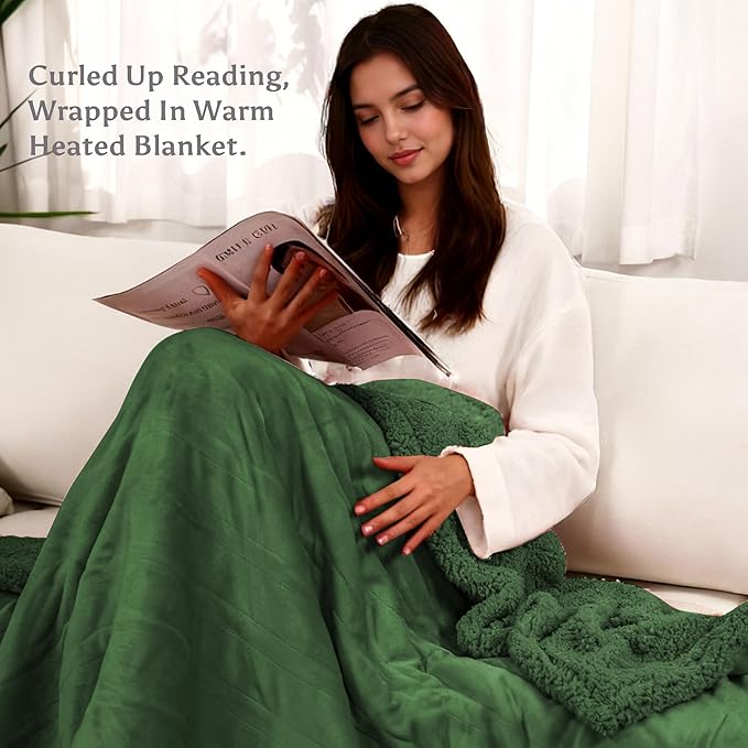 Heated Blanket Full Size Electric Blanket 72" x 84" with 5 Levels Heating & 10Hs Auto Off, Silky Microplush Flannel & Warm Sherpa Fabric, Machine Washable, Great Christmas Birthday Gifts, Green