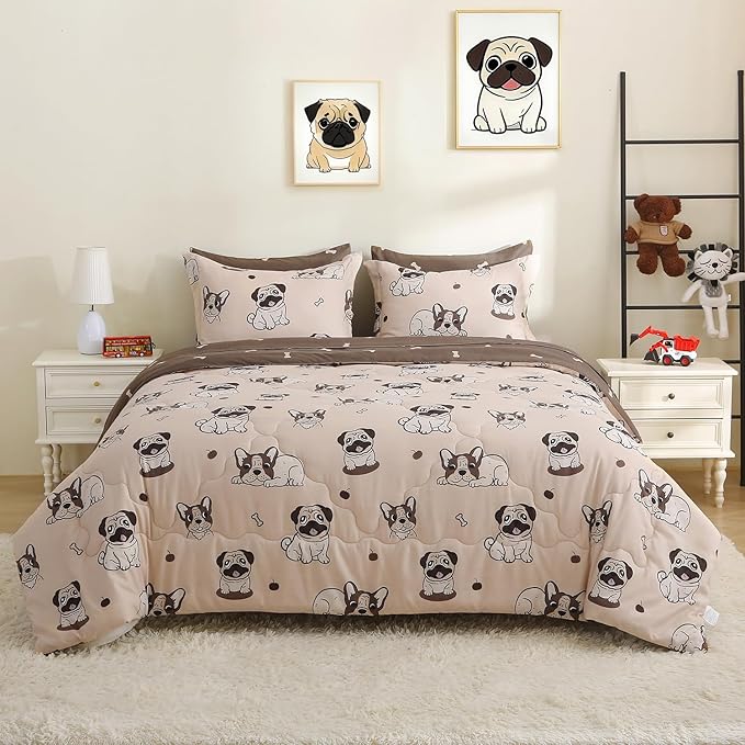 Kids Comforter Set 7 Piece Bedding Cute Dog Cartoon Animal Bed Microfiber Comforter Full Size All Season (1 Comforter, 1 Flat Sheet, 1 Fitted Sheet, 4 Pillowcase)