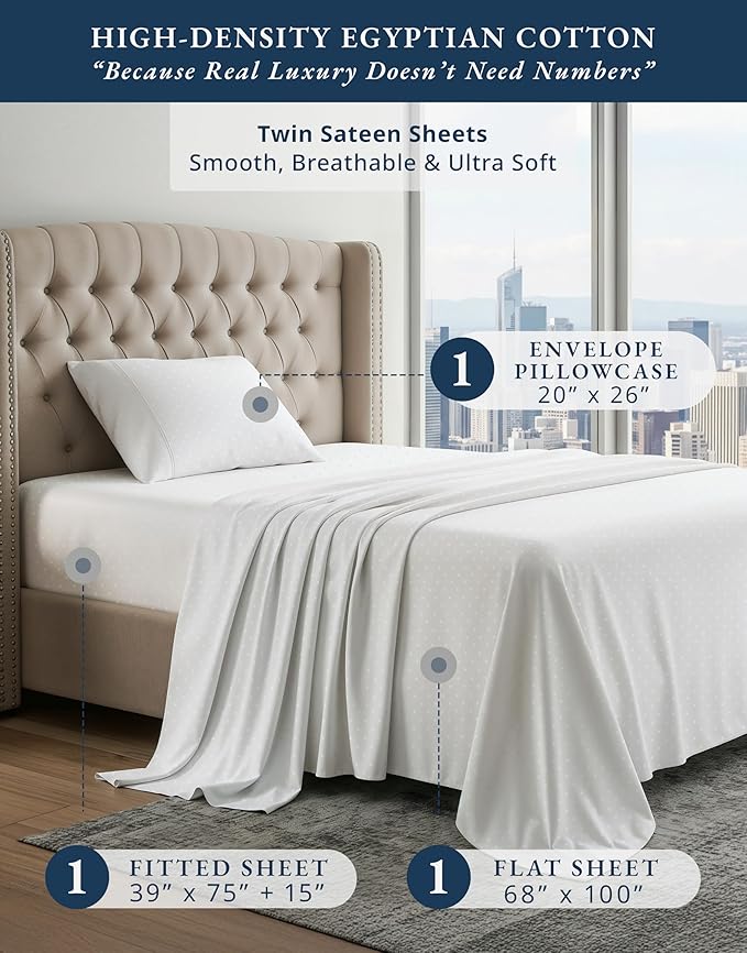 LANE LINEN 100% Egyptian Cotton Twin Sheets Set, Soft & Comfy Luxury Hotel Style Thick Sheets Twin Size Bed Set, No Pill Natural Cooling Elegant Jaquard Swiss Dot White Sheets